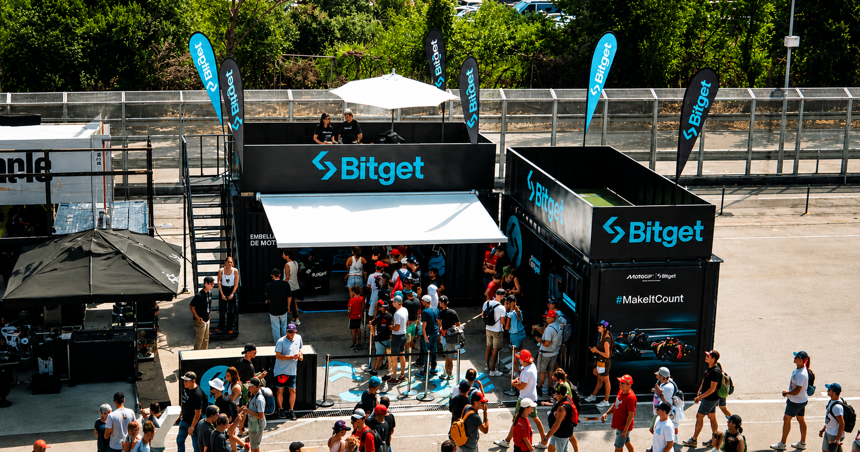 Booth exterior with branded flags